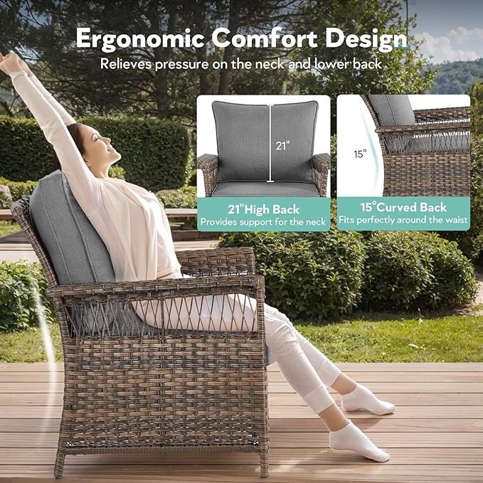 5 Pieces Wicker Patio Furniture Set - Hollow Widen Armrests Outdoor Rattan Chairs, 3 Seat Sofa with Coffee Table & Side Table, Small Patio Convention Set for Deck and Backyard - Brown/Gray