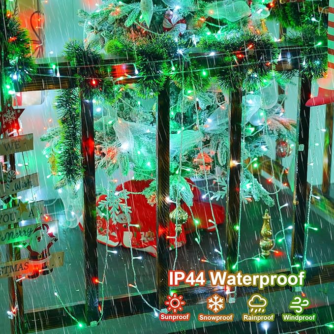 QITONG Red White Green Christmas Light Outdoor Waterproof, 165ft 500 LED String Lights with 8 Modes, Clear Wire Christmas Tree Light Indoor Plug-in