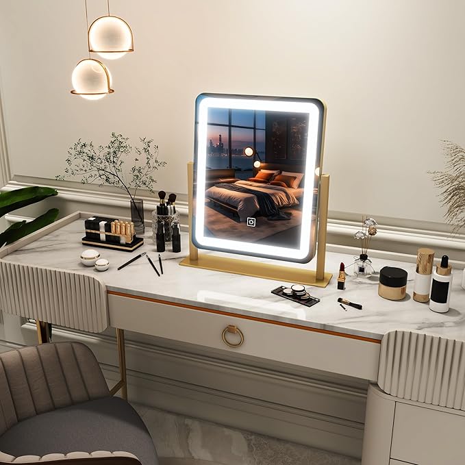 FENNIO Vanity Mirror with Lights - 15"x12.6" LED Lighted Makeup Mirror, Large Makeup Mirror with Lights, Touch Screen with 3-Color Lighting, Dimmable, for Vanity Desk Tabletop, Bedroom Gold