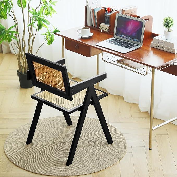 Tiita Rattan Accent Chairs, Mid Century Modern Dining Chairs Set of 2, Bamboo Living Room Chair for Reading Room Dining Kitchen, Black