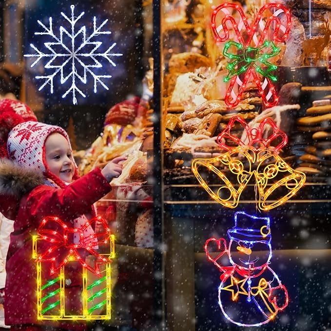 Christmas Decorations - 16" Christmas Window Silhouette Lights - 4 Pack Colour Lighted Gift Box ＆ Snowman ＆ Candy Cane ＆ Bell for Holiday Indoor and Outdoor Wall Door Window Decorate