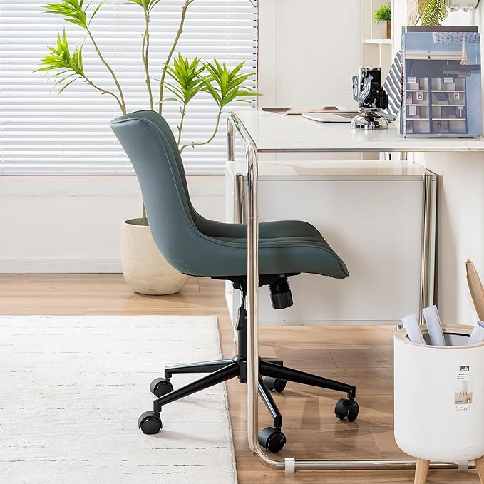 YOUNIKE Office Chair Armless Desk Chair with Wheels, Home Office Computer Task Chair, Modern Faux Leather Upholstered Vanity Chair, Adjustable Swivel Rolling Office Chairs, Slate Blue