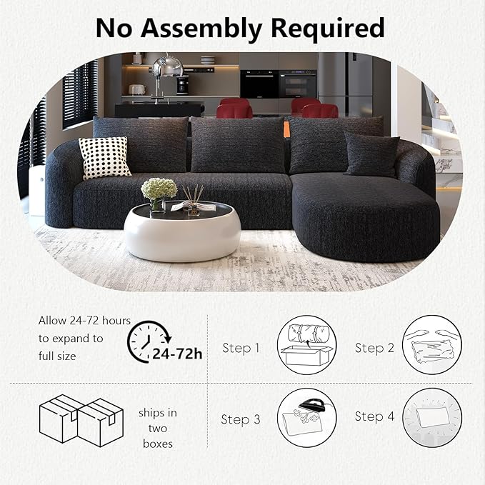 111" Modular Sectional Couches Luxury Modern Curved Back Sofa,Minimalist Comfy L-Shape Boneless Cloud Couch for Living Room Apartment,(Right Facing Chaise,Black)