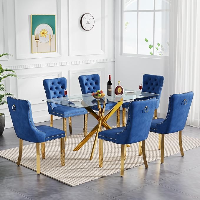Goujxcy Glass Dining Table Set for 6, Modern Kitchen Table and Chairs Set of 6, 7-Piece Kitchen Dining Room Table Set w/61 Glass Gold Dining Table and 6 Blue Velvet Upholstered Chairs
