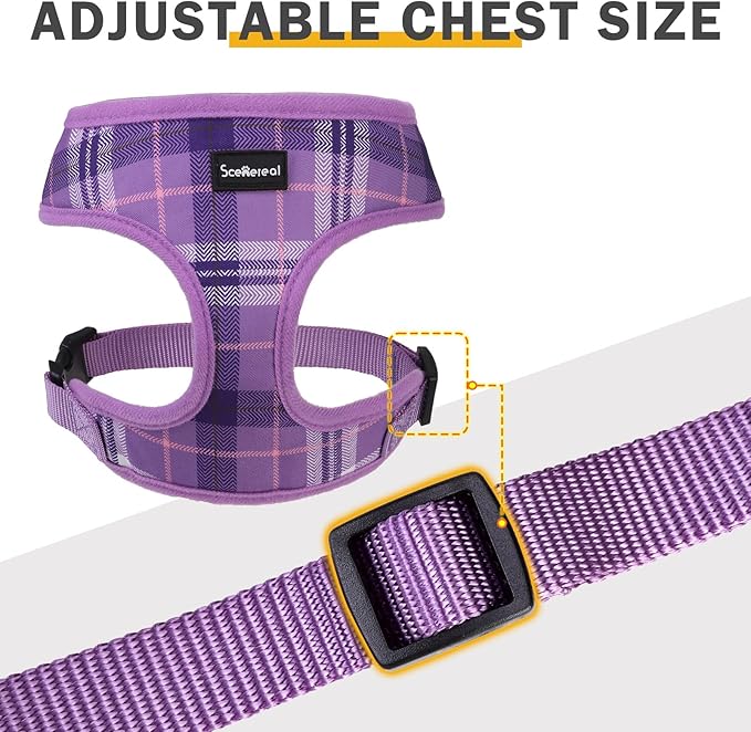SCENEREAL No Pull Dog Harness Collar and Leash Set Small Medium Sized Dog, Soft Mesh Step in Puppy Harnesses, No Chock Plaid Adjustible Pet Vest for Outdoor Walking Training and Running, Purple XS