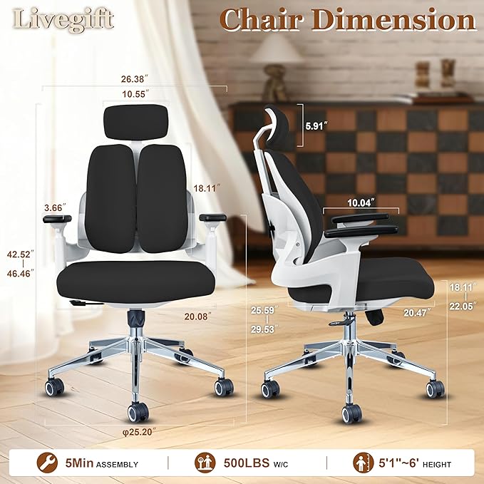 Ergonomic Office Chair Big and Tall Desk Chair, Dual-backrest Computer Chair with 6D Adjustable Arms and Lumbar Support, 500lbs Extra Wide Seat, for Home & Office Use,Black
