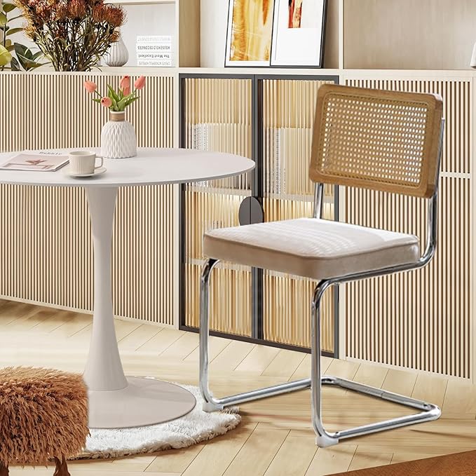 SoarFlash Kitchen Table and Chairs for 2, 31.5" Dining Table Set for 2 with Velvet Upholstered Chairs, 3 Piece Round Kitchen Table Set, Dining Room Table Set for Small Space, Apartment, Beige/White