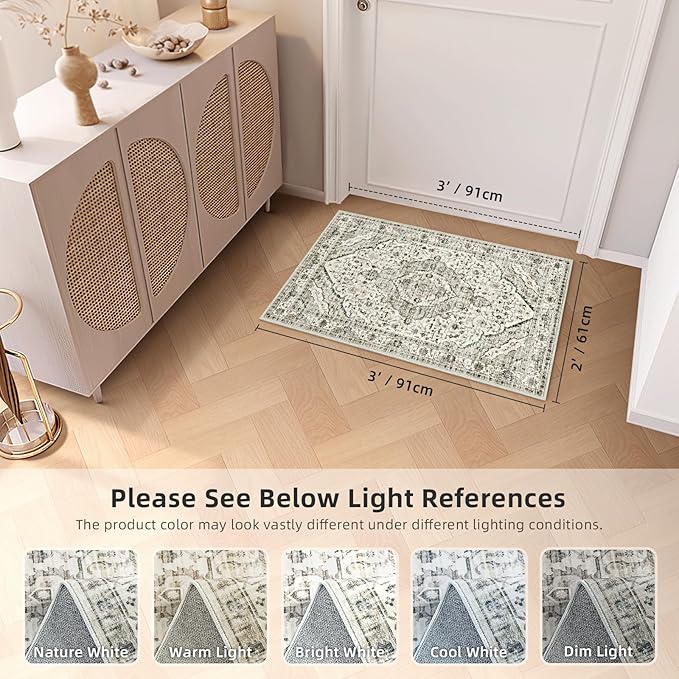 Deerly Boho 2x3 Area Rug Entryway Rugs for Bedroom Bathroom Kitchen 2x3 Small Soft Rugs Low Pile Keep Off Rug Carpet Washable Rug Oriental Vintage Area Rug Cream