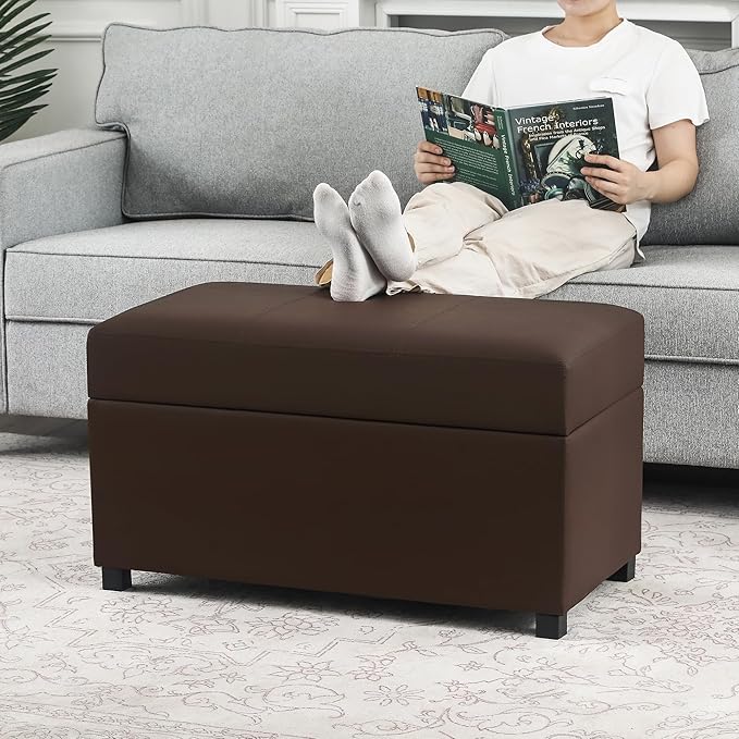 Joveco 32" Leather Storage Ottoman Bench, Rectangle Foot Rest Stool for Living Room, Bedroom, Entryway, Brown