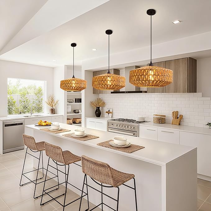 14'' Natural Rattan Chandelier Small Rattan Pendant Light -Farmhouse Boho Hanging Light with Included E27 Bulb, 120V Wicker Chandelier for Dining Room Bedroom Living Room Island