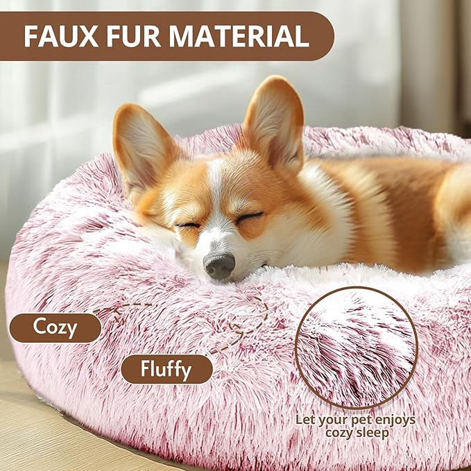 JOLLYVOGUE Calming Dog & Cat Bed for Small Dogs, Anti-Anxiety Donut Cuddler Cozy Soft Round Bed with Anti-Slip Bottom, Fluffy Faux Fur Plush Cushion Beds for Small Medium Dogs, 23"/Smoke Pink