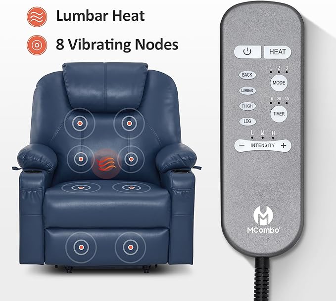 MCombo Extra Wide Power Lift Recliner Chair for Elderly, Lift Chair with Heat and Massage for Big People, USB&Type C Ports, Cup Holders, Faux Leather R7045 (Blue, Medium-Wide)