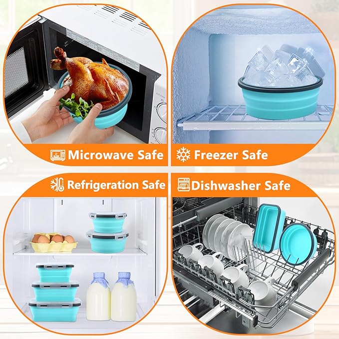 Collapsible Food Storage Containers with Lid & Air Vent, 4 Pack Round Foldable Collapsible Storage Containers Sets, Lunch Bowls for Camping, Travel, Microwave Freezer Dishwasher Safe
