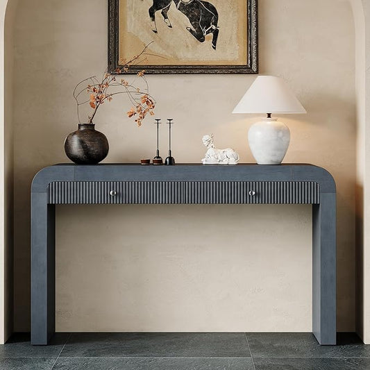 Merax Rustic Console Table with Fluted Drawer Front, Entryway Table with Curved Corners & Thick Legs, Sturdy Sofa Table for Hallway & Living Room, Dark Navy