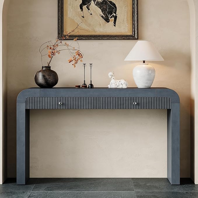 54.3" Curved Console Table with Fluted Drawer, Rustic Entryway Table and Thick Legs, Sturdy Sofa Table for Hallway & Living Room Wood (Dark Navy)