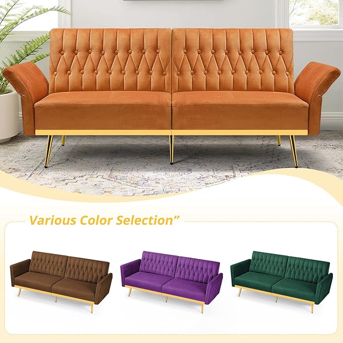70” Velvet Futon Sofa Bed w/Adjustable Armrests & 2 Pillows, Convertible Futon Couch w/Adjustable Backrests, Modern Sleeper Bed for Living Room, Bedroom, Orange