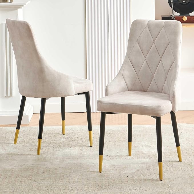 NORDICANA Upholstered Velvet Dining Chair Set of 2, Beige Armless Side Chair with Metal Legs for Home Kitchen