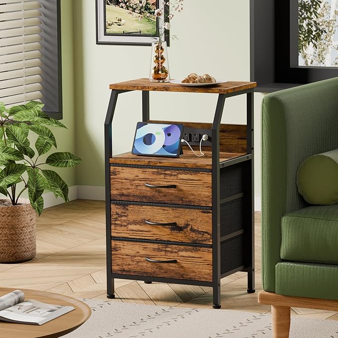 Furnulem Night Stand Set of 2, 28.3 Inch Bedside Table with Charging Station, 3 Fabric Drawers Side Table with Wood Shelf, End Table with USB Ports & Outlets for Bedroom, 3 Ways to Use, Rustic Brown