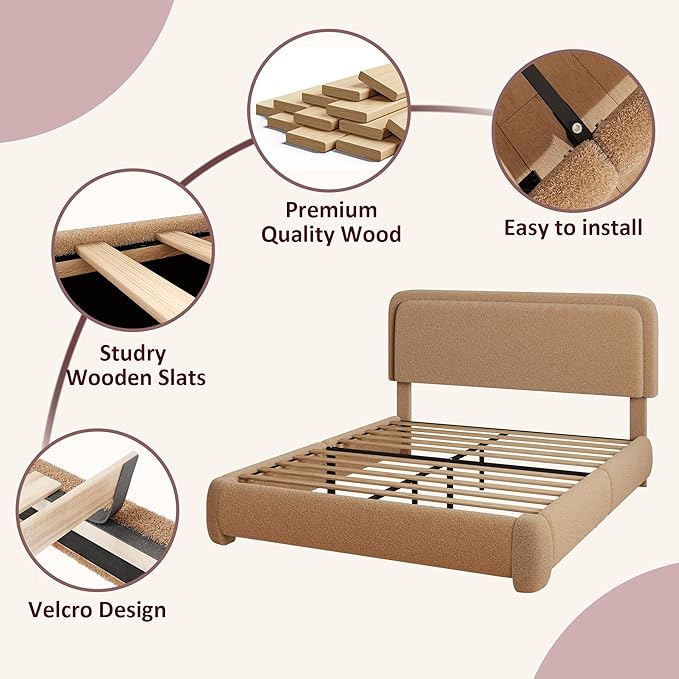 Queen Boucle Platform Bed Frame with Height Adjustable Headboard, Modern Upholstered Cloud Bed, Sleek Curved Design, No Box Spring Needed, Easy Assembly, Noise Free, Camel