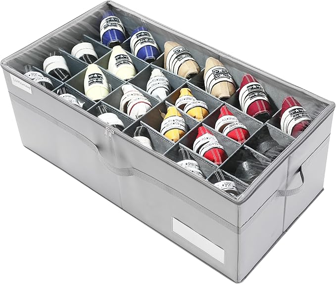 LUVHOMEE Shoe Organizer for Closet, Fits 24 Pairs, Large Shoe Box Storage Containers, Clear Foldable Shoe Storage Bins w/Bottom Support, Space Saving Closet Shoes Holder w/Reinforced Handles, Gray