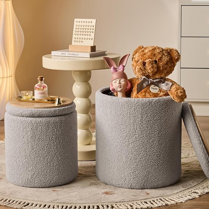 Round Ottoman with Storage Set of 2-Upholstered Sherpa Vanity Stool for MakeupMultifunctional Ottomans Coffee Table Padded Seat Foot Rest for LivingRoom&Bedroom(Sherpa Gray)