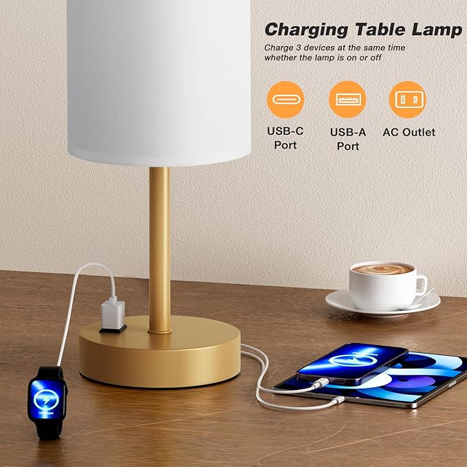 Fenmzee Gold Nightstand Bedroom Lamp - 3 Way Dimmable Bedside Lamp USB C A Charging Ports and AC Outlet, Small Table Lamp Linen Lampshade for Office Desk