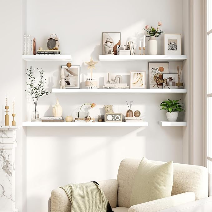 30 Inch Floating Shelves, Rustic Floating Wall Shelves 8 Inch Deep, 30 x 8 Floating Shelves for Home Decor, Deep Display & Storage Shelves for Kitchen, Bathroom, Living Room, White Color, Set of 2