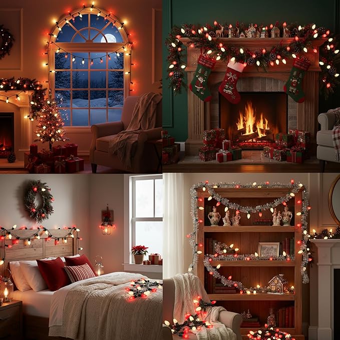 C7 LED Red and White Christmas Lights,25ft Outdoor String Lights with 27 Red White LED Bulbs(2 Spare),Connectable Outside Christmas Lights for Xmas Tree Party Roof Decoration,Green Wire