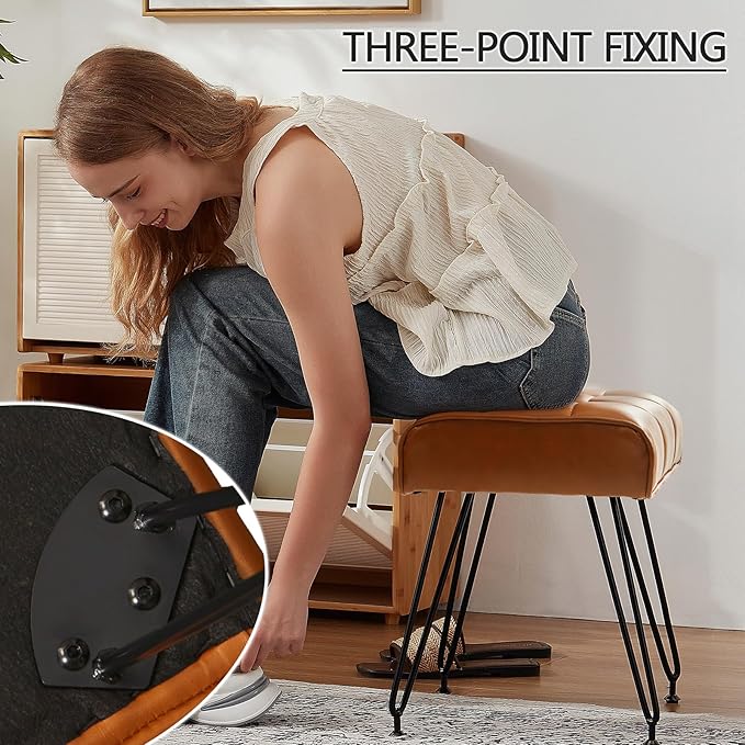 PU Leather Vanity Stools, Vanity Stool Chairs for Makeup Faux Leather Foot Stools Ottoman with Metal Leg Make up Chairs for Vanity Small Bench Seat for Living Room Bedroom (Yellow Brown)