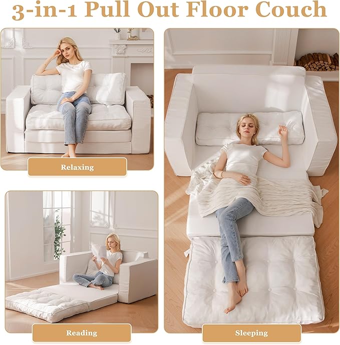 YOSHOOT Loveseat Sleeper Sofa,55" Convertible Sofa Bed Couch Futon Couches for Living Room,3-in-1 Pull Out Floor Couch with Backrest and Pillows, White