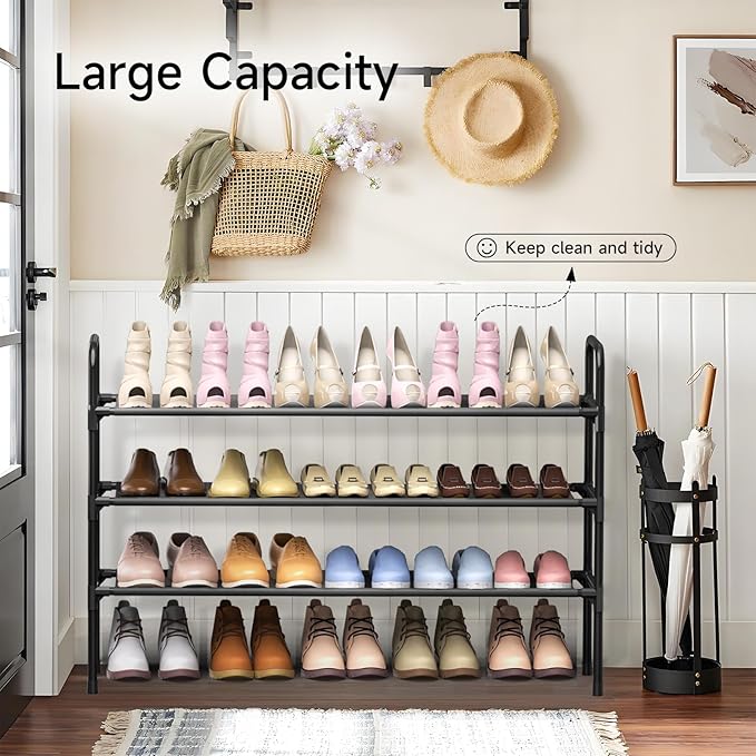 3 Tier Shoe Rack, Shoe Organizer for 18 Pairs of Shoes, Black Non-Woven Fabric Shoe Storage Shelf for Closet, Entryway, Garage, Corridor, Long Shoe Shelves