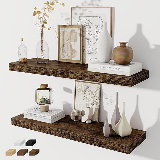 Floating Shelves for Wall, 32W x 8D Floating Wall Shelves with Invisible Brackets Set of 2, Hanging Rustic Wood Shelf Decoration for Bedroom, Bathroom, Living Room and Kitchen, Rustic Brown