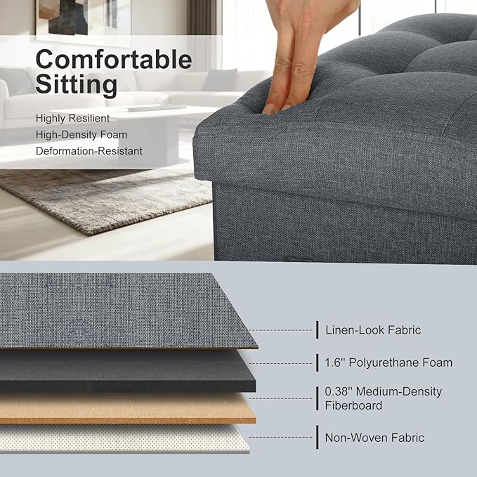 Storage Ottoman with Thicker Foam Padded Seat. 61L Slim Tall Foldable Foot Rest Stool with Linen Fabric, Ottoman with Storage Bench for Living Room Bedroom, 300lbs Weight Support, 17x13x17IN Dark Gray