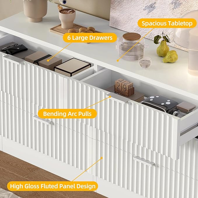 DWVO Fluted 6 Drawer Dressers, 47.5" Wide Modern Chest of Drawers, Wooden Dresser with Metal Handle, Versatile TV Stand Cabinet Table for Bedroom, Closet, Living Room, Hallway, White