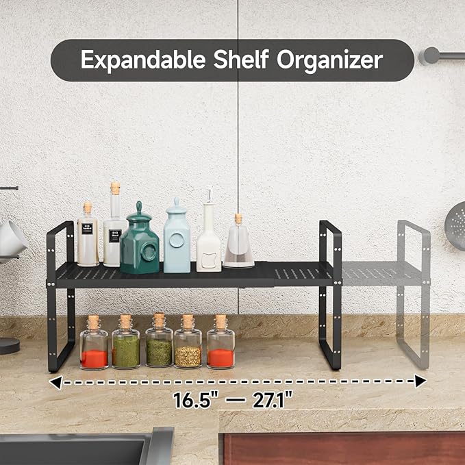 2Pack 16.5-27’’L Expandable Cabinet Countertop Shelf Organizer, Stackable Metal Shelves, Kitchen Organizers and Storage, Black Storage Spice Rack for Pantry and Cupboard