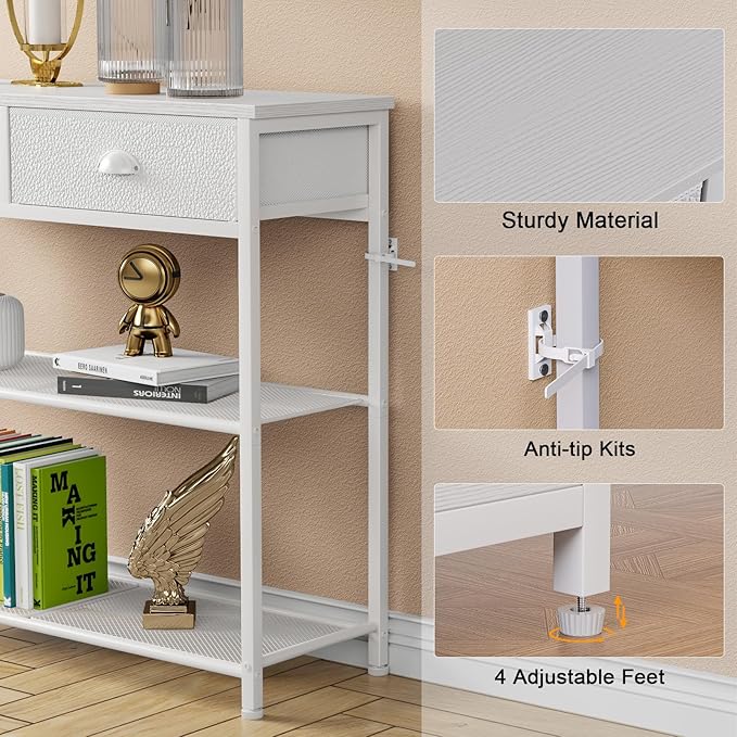 Furologee 30'' Entryway Table, White Console Table with Storage, Narrow Sofa Table with 2 Drawers and 2 Shelves for Hallway, Living Room, Bedroom, Foyer, Couch, Tv