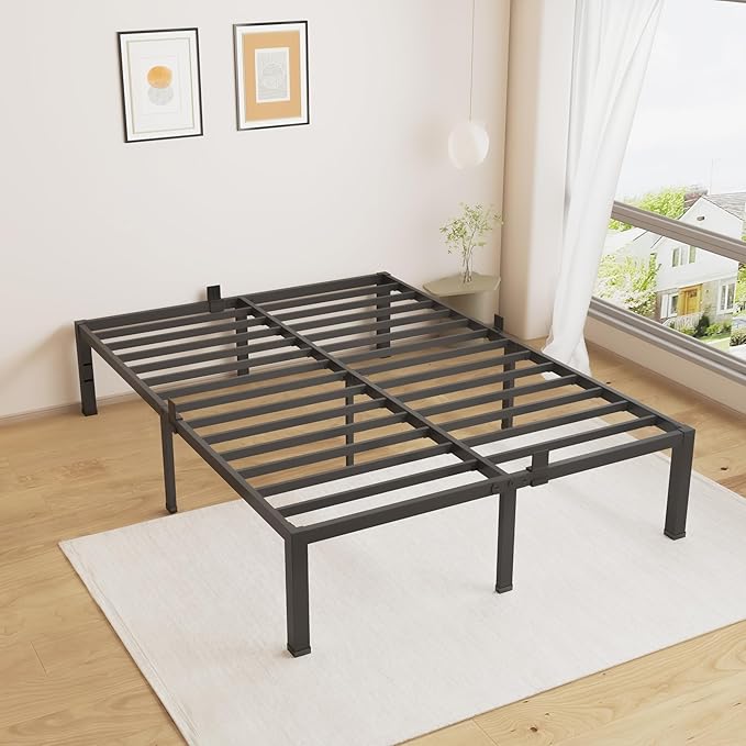 MAF 18 Inch King Size Bed Frame No Box Spring Needed Heavy Duty Platform King Bed Frame Steel Slat Support High Platform Bedframes with Storage Size Black Metal