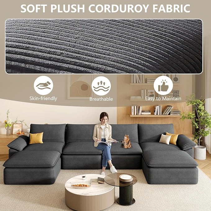 142" Cloud Sectional Couch with U-Shaped Chaise, Corduroy Sectional Sofa with Ottoman, Boneless Couch with Deep Seat in a Box for Living Room, No Assembly Required (Dark Grey)