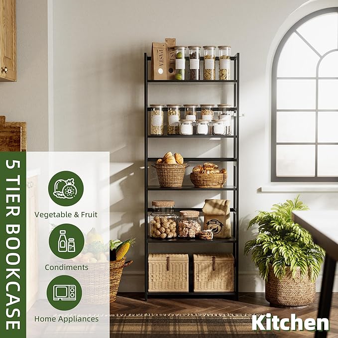 5-Tier Bamboo Wood Ladder Bookshelf, Tall Display Storage Shelf, Large Bookcase Modern Industrial Stand Organizer for Home, Office, Living Room, Kitchen, Bedroom, Black