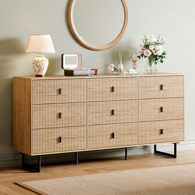 Modern Chest of Drawers with 9 Drawers,Deep Drawers,Clothes Organizer,Large Storage Cabinet for Living Room, Bedroom,Hallway,with Anti-Tipping Device, Oak