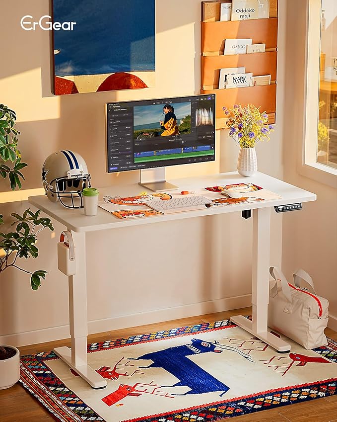 ErGear Height Adjustable Electric Standing Desk, 48 x 24 Inches Sit Stand up Desk, Memory Computer Home Office Desk with Two-Piece Desktop (White)