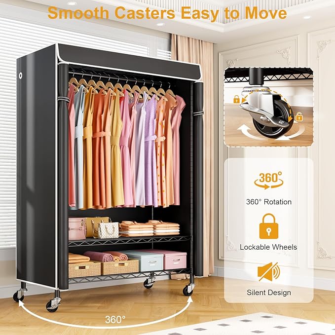 P6C Plus Rolling Clothes Rack with Cover, Covered Clothing Rack Heavy Duty, Portable Closet for Hanging Clothes, Garment Rack on Wheels, Black Closet Rack with Black Cover, Max Load 375LBS
