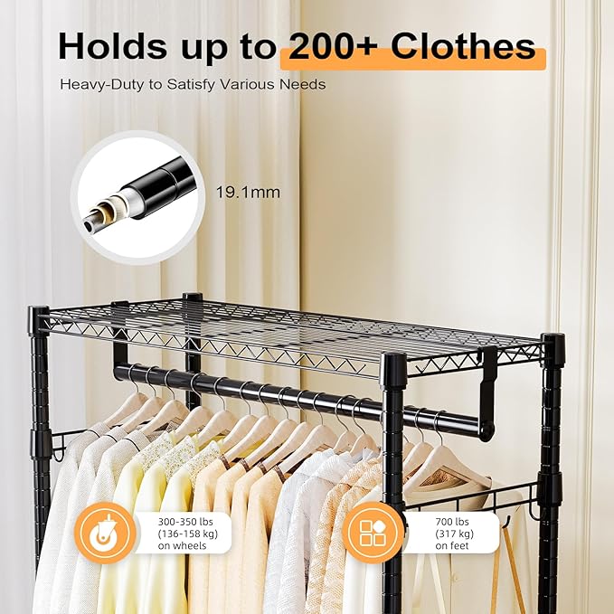 Heavy Duty Rolling Garment Rack 3 Tiers Adjustable Wire Shelving Clothes Rack with 2 Rods and Side Hooks,Storage Closet Clothing Rack with Wheels Black 15.7" D x 29.5" W x 74.5" H