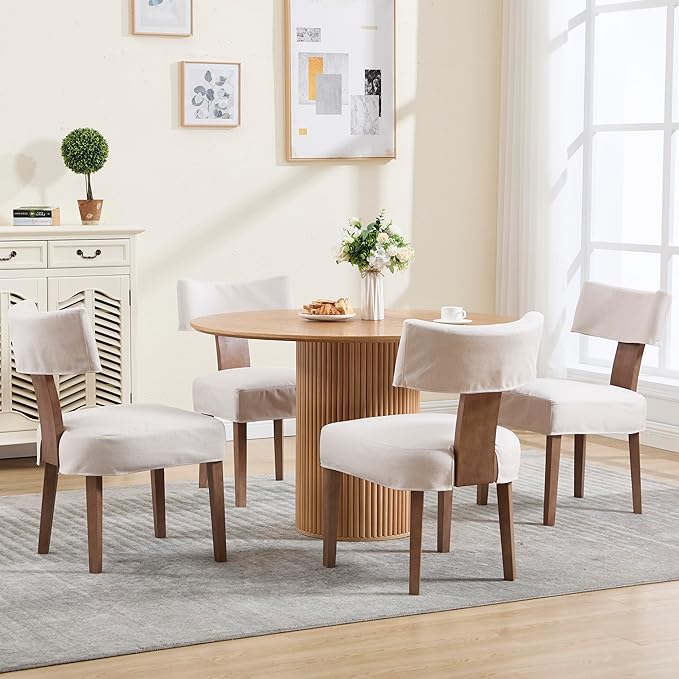 Linen Dining Chairs Set of 4 with Seat Covers, Modern Dining Chairs with Wood Legs, Farmhouse Fabric Upholstered Dining Room Kitchen Side Chairs, Beige
