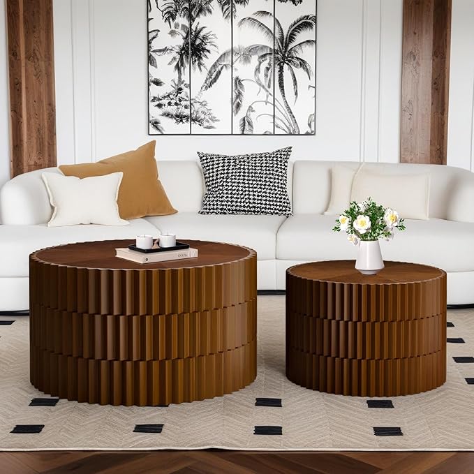 Round Nesting Coffee Table Set of 2 Walnut Round Drum Fluted Coffee Tables for Small Space Modern Stacking Nesting Tables Minimalist Circle Center Table 2 Piece for Living Room (Walnut)