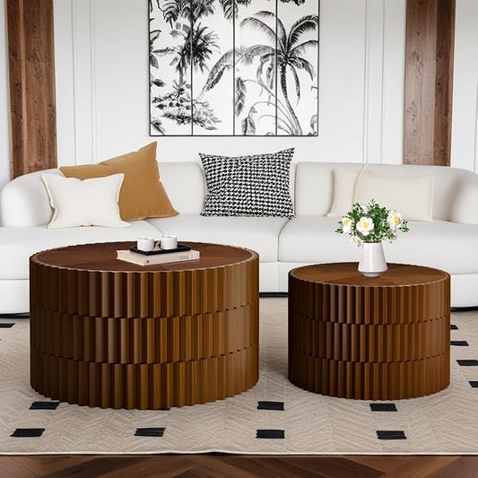 Round Nesting Coffee Table Set of 2 Walnut Round Drum Fluted Coffee Tables for Small Space Modern Stacking Nesting Tables Minimalist Circle Center Table 2 Piece for Living Room (Walnut)