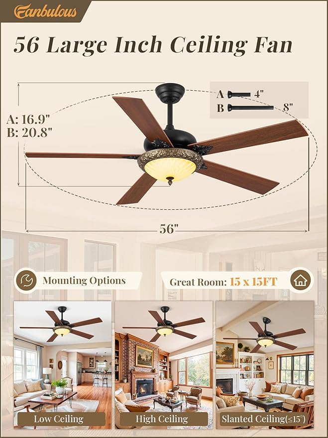 Fanbulous 56" Ceiling Fans with Lights, Rustic Ceiling Fan with Dimmable LED Light, Remote/APP Control,5 Dual Finish Blades,6-Speeds Traditional Ceiling Fan for Bedroom, Living Room,Indoor & Outdoor