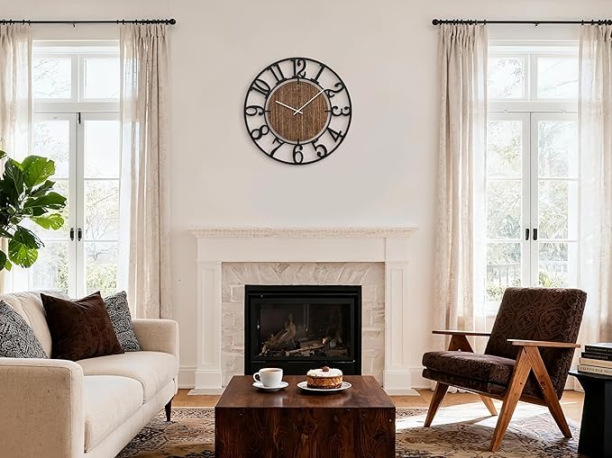 Large Wall Clocks, 20" Black Big Wall Clock for Living Room Decorative by Battery Operated, Oversized Farmhouse Silent Walls Clock with Metal Arabic Number for Office, Classroom, Bedroom