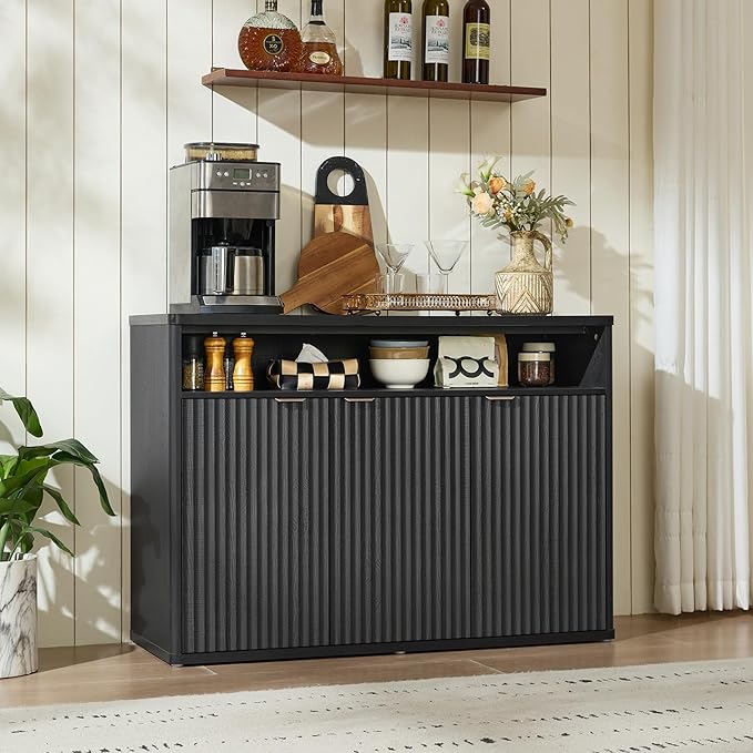 LEYAOYAO Fluted Buffet Cabinet with Storage, 45" Wide Wood Sideboard Credenza with 3 Doors & Open Storage Shelf, Modern Kitchen Console Accent Cabinets, Coffee Bar Table for Dining Room, Black Oak