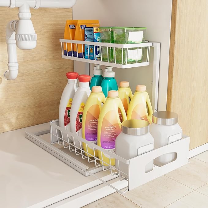 Under Sink Organizer and Storage, Height Adjustable Cabinet Organizer with Slide Out Drawer, Pull Out Under Sink Storage, Multi-Purpose 2 Tier Sink Shelves for Kitchen Bathroom Pantry (White, 1 Pack)